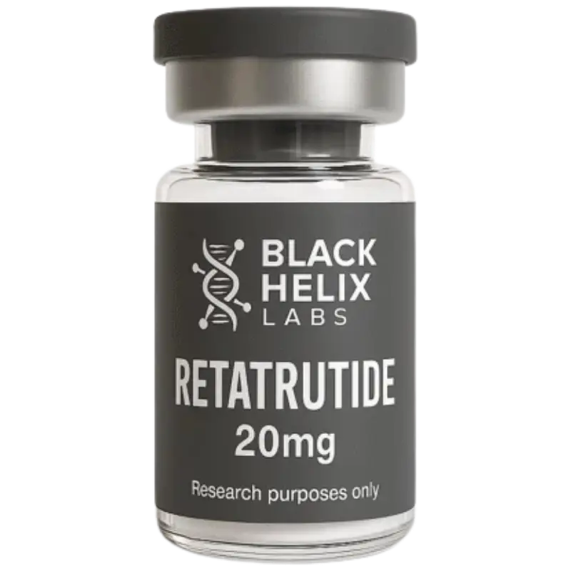 2 mL research vial labeled Retatrutide 20 mg from Black Helix Labs on a clean white background.