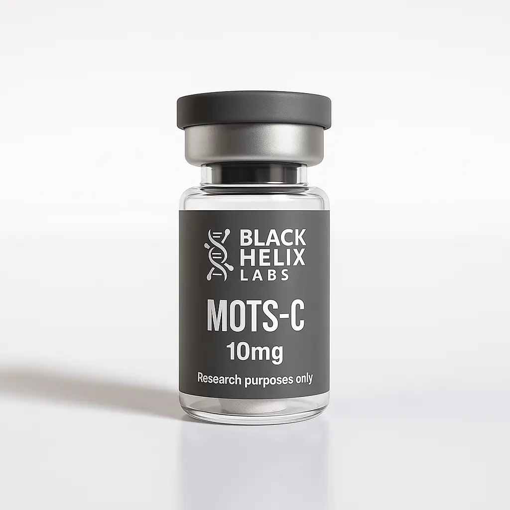 Research peptide vial labeled MOTS-C 10 mg from Black Helix Labs displayed on a white surface.