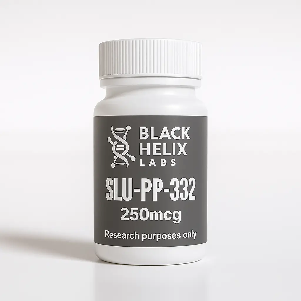 White pill bottle labeled SLU-PP-332 250 mcg from Black Helix Labs.