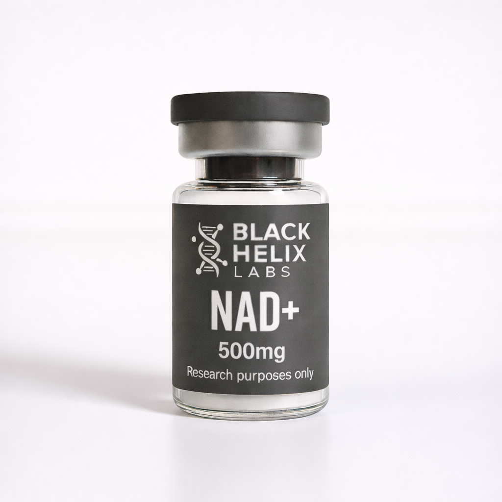 Black Helix Labs NAD+ 500mg research compound vial with matte grey label, white text, and DNA helix logo on a clean white background.