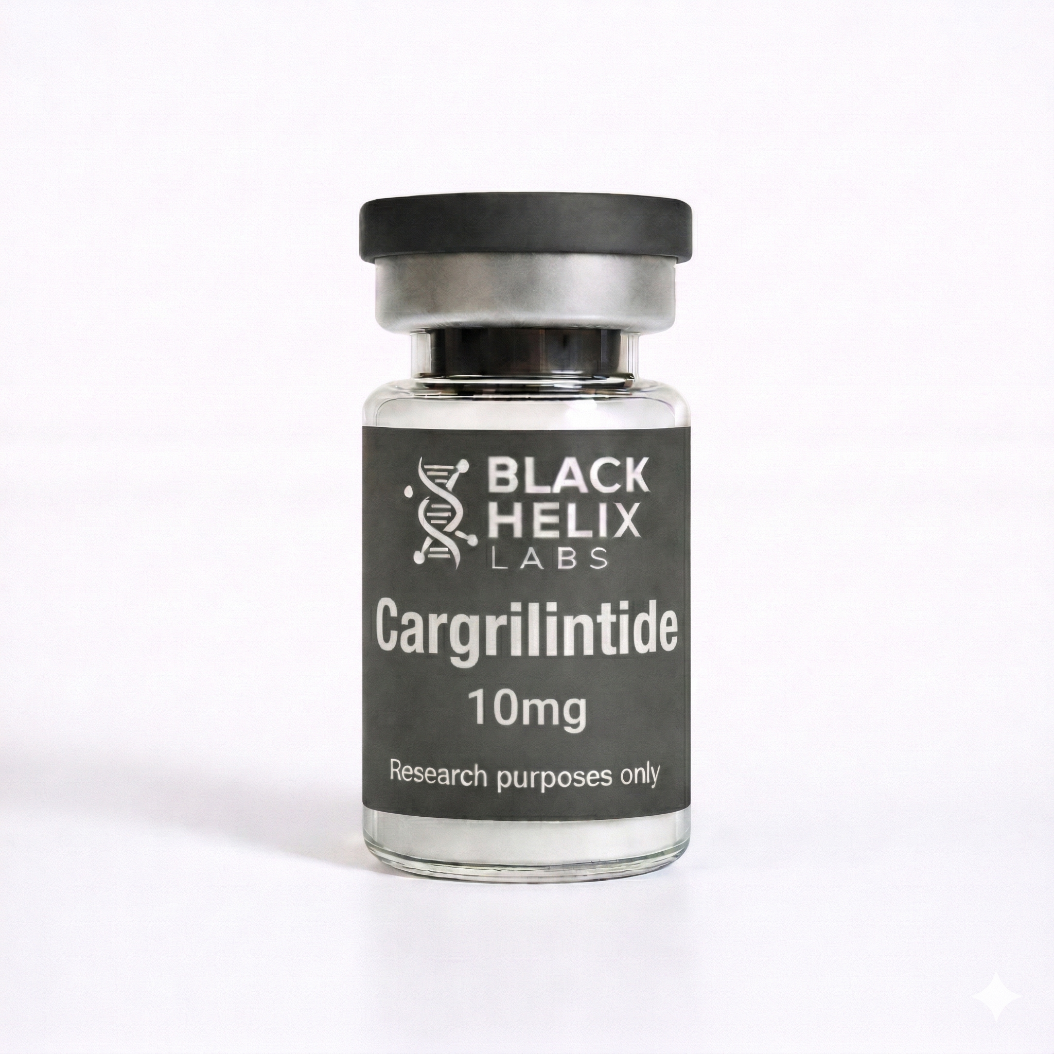A clear glass vial with a dark label containing white lyophilized powder cake. The label, from Black Helix Labs, displays a DNA logo and text: 'Cargrilintide 10mg' and 'Research purposes only'. It has a black flip-top cap.